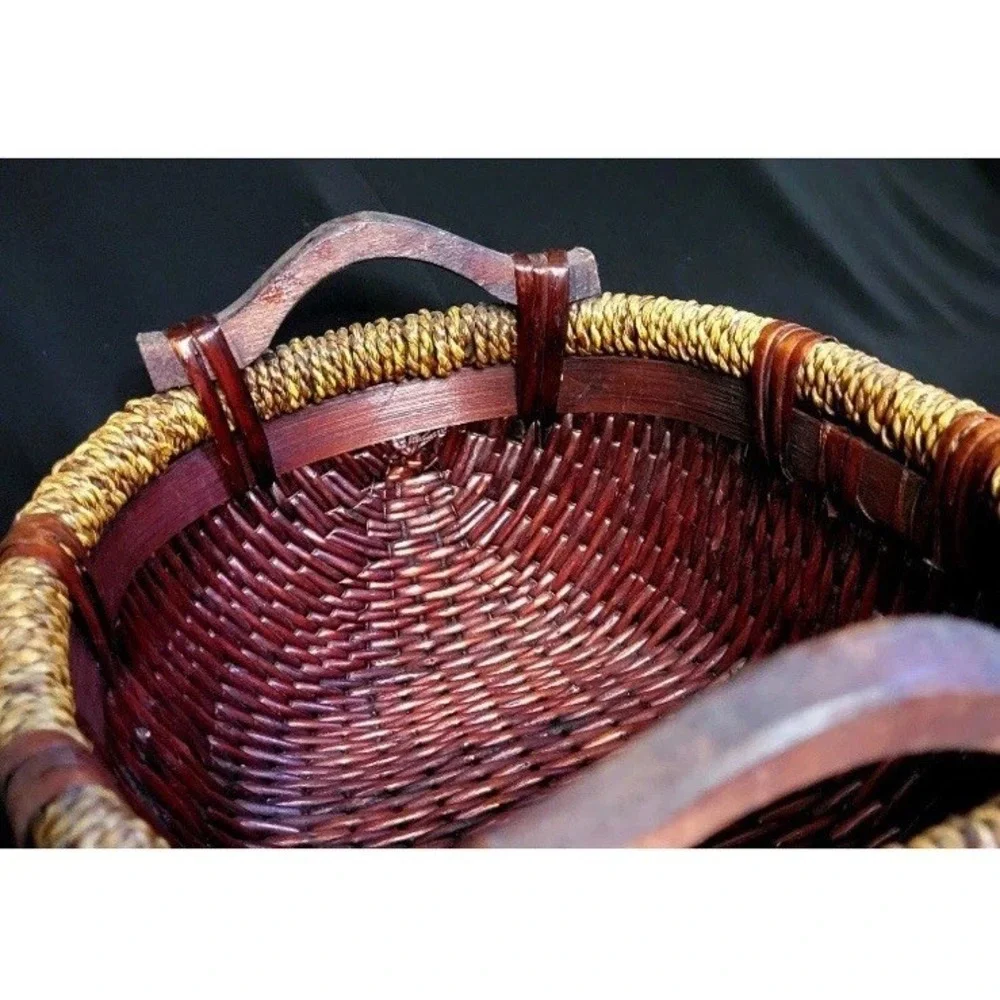 Vintage Chinese Woven Willow Basket With Wood Handles 12